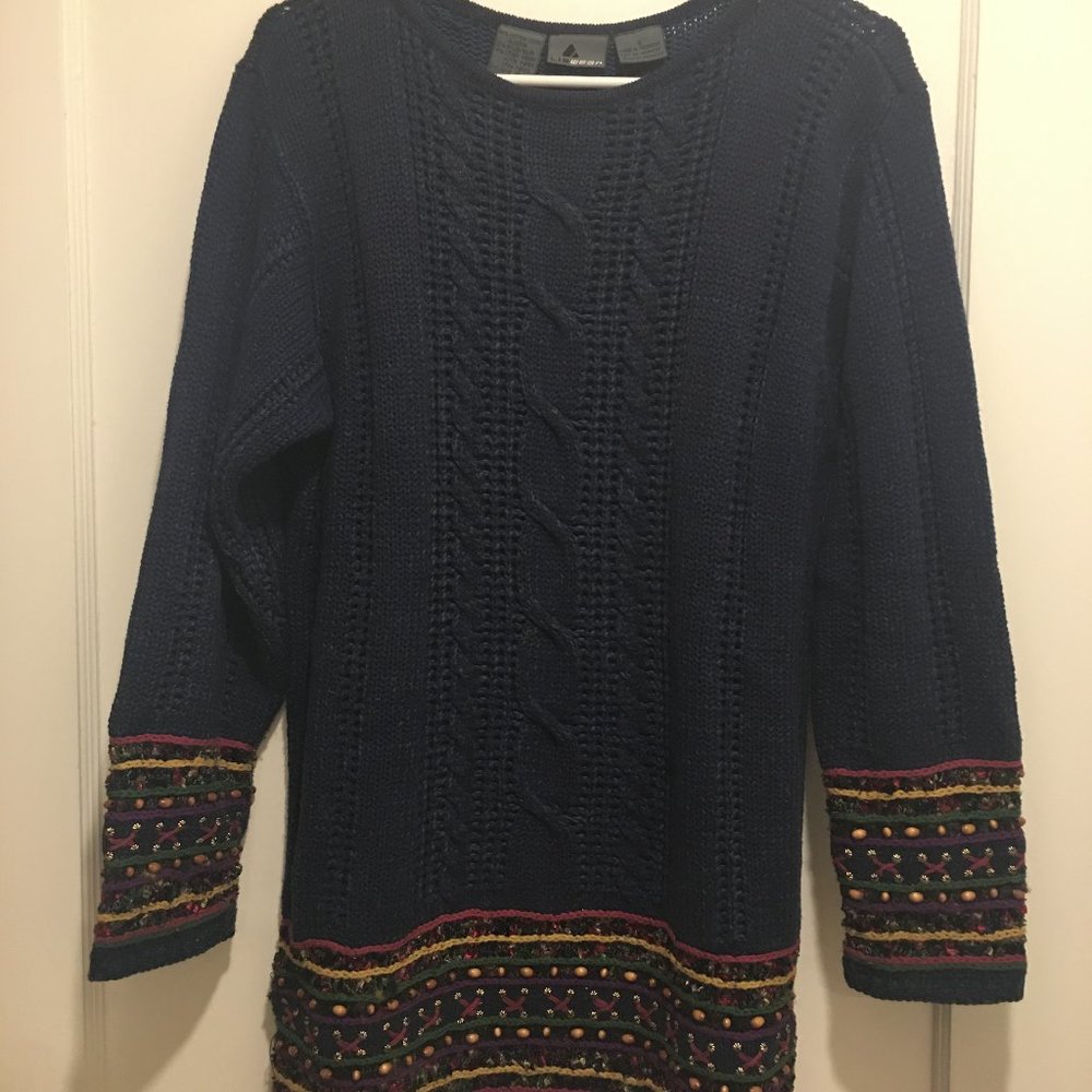 Festive LizWear sweater, dark blue with multicolored beads and stitching, size S